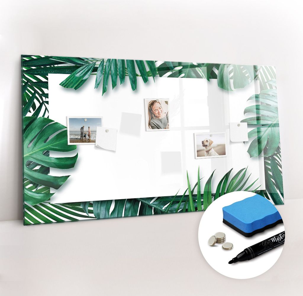 Magnetpinnwand Memoboard - Zubehörsatz - Schwarzer Marker + Schwamm + Magnete - 120 x 60 cm - Tropische Blätter