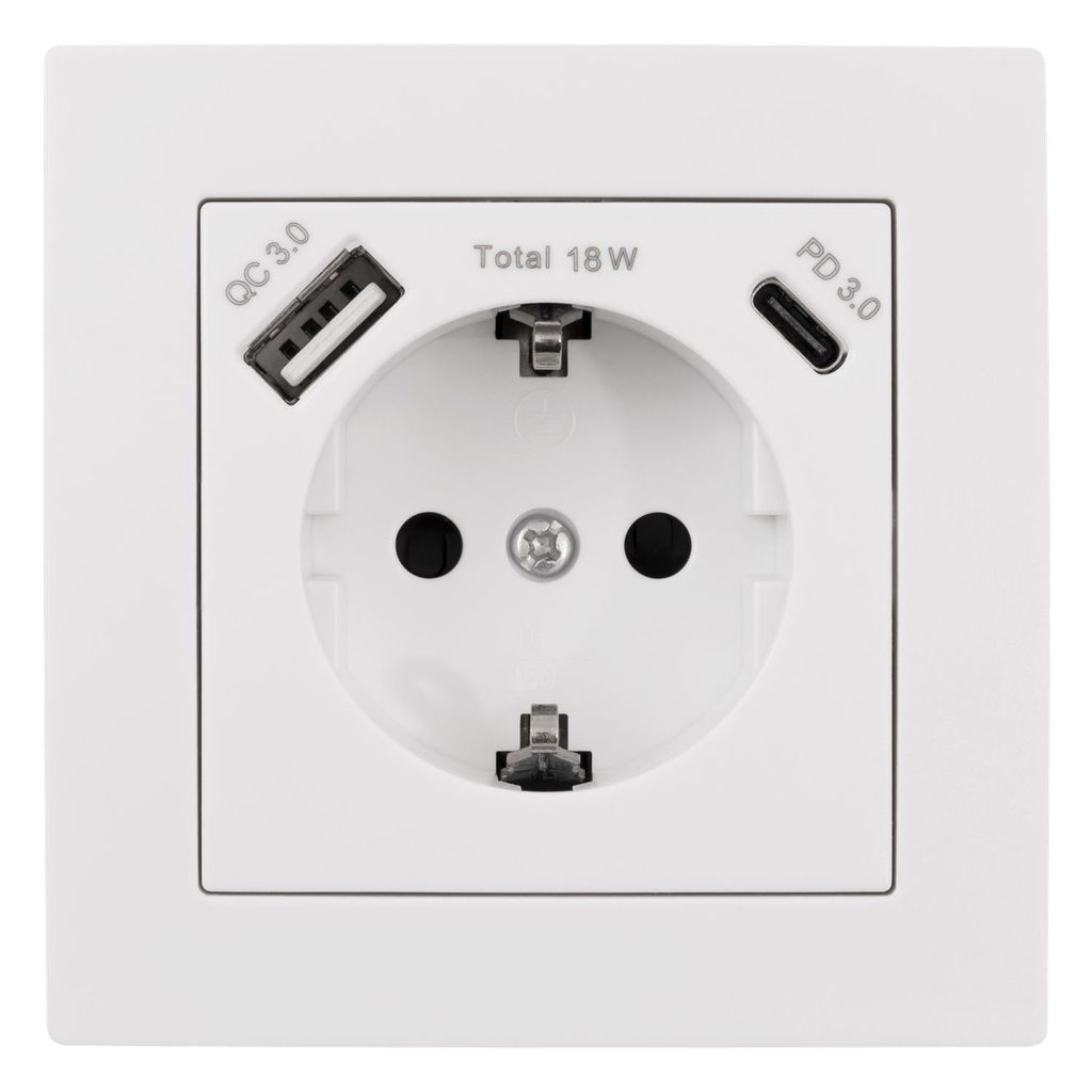 A white wall socket with integrated USB ports.