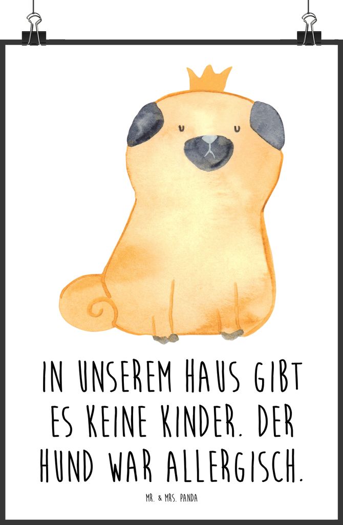Mr. & Mrs. Panda Bild Mops Krone DIN A2 - Weiß - Geschenk, Produktbild 
