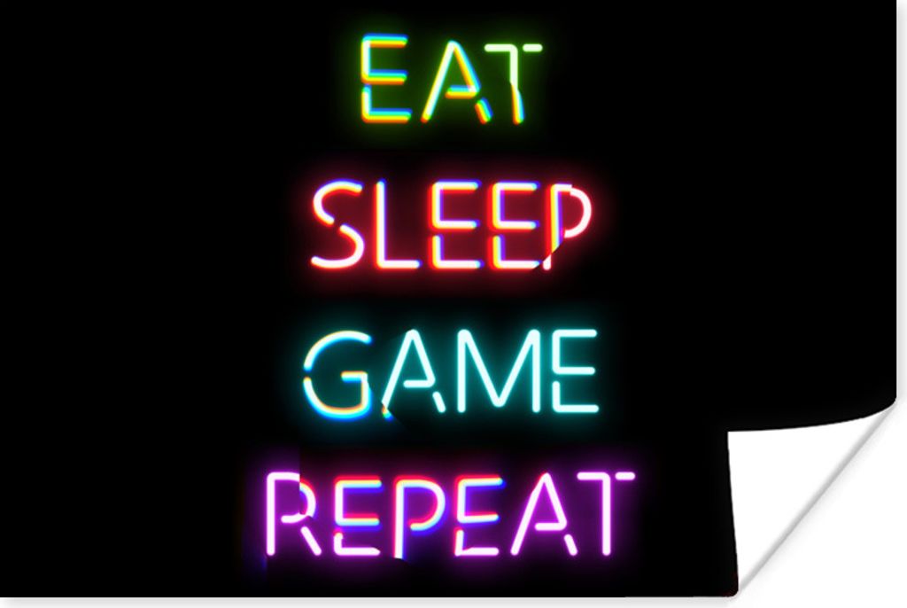 MuchoWow Poster Gaming - Led - Zitat - Eat sleep game repeat - Gaming 90x60 cm - Schlafzimmer