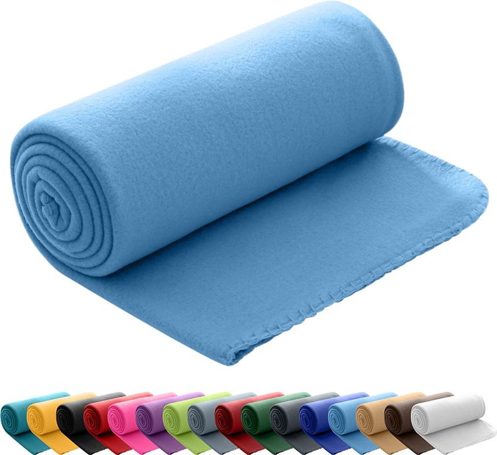A rolled-up blue fleece blanket shown diagonally on a white background, with a row of other rolled blankets in various colors visible at the bottom.