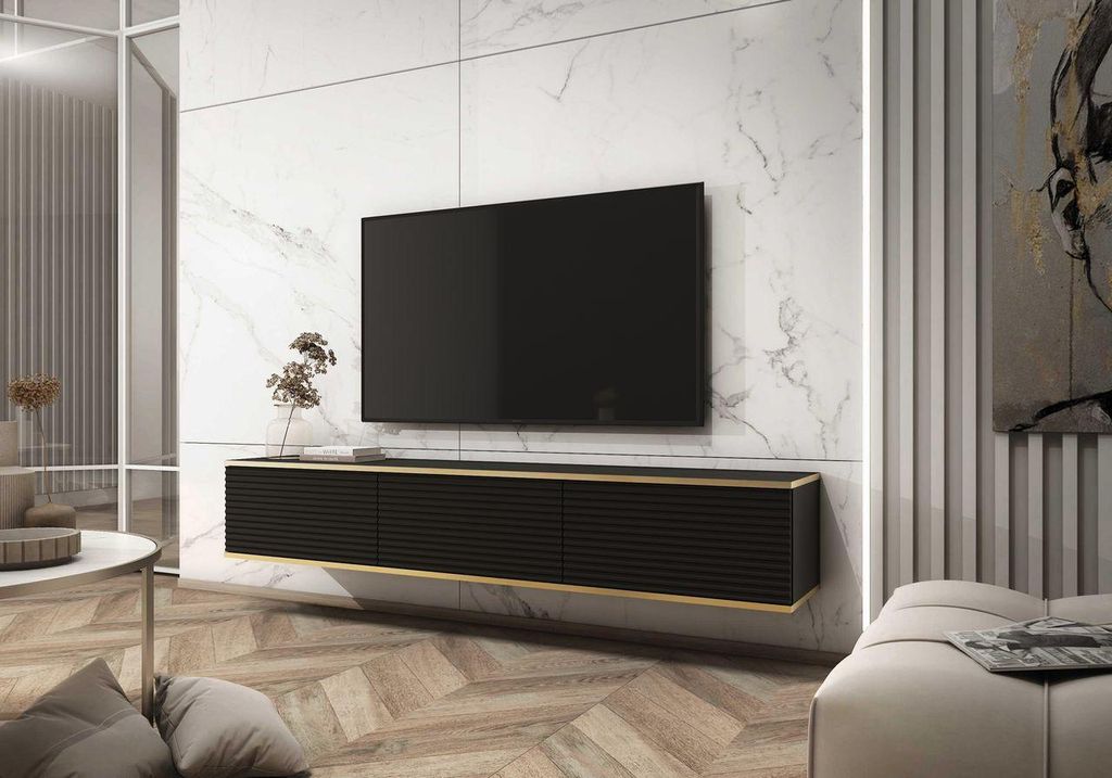 TV Board – Fernsehtisch – TV Schrank – TV Möbel – ORO MDF – RTV-175 MDF – 175 cm –Schwarz– Stilvolles Wohnzimmermöbel – Mehrfar...