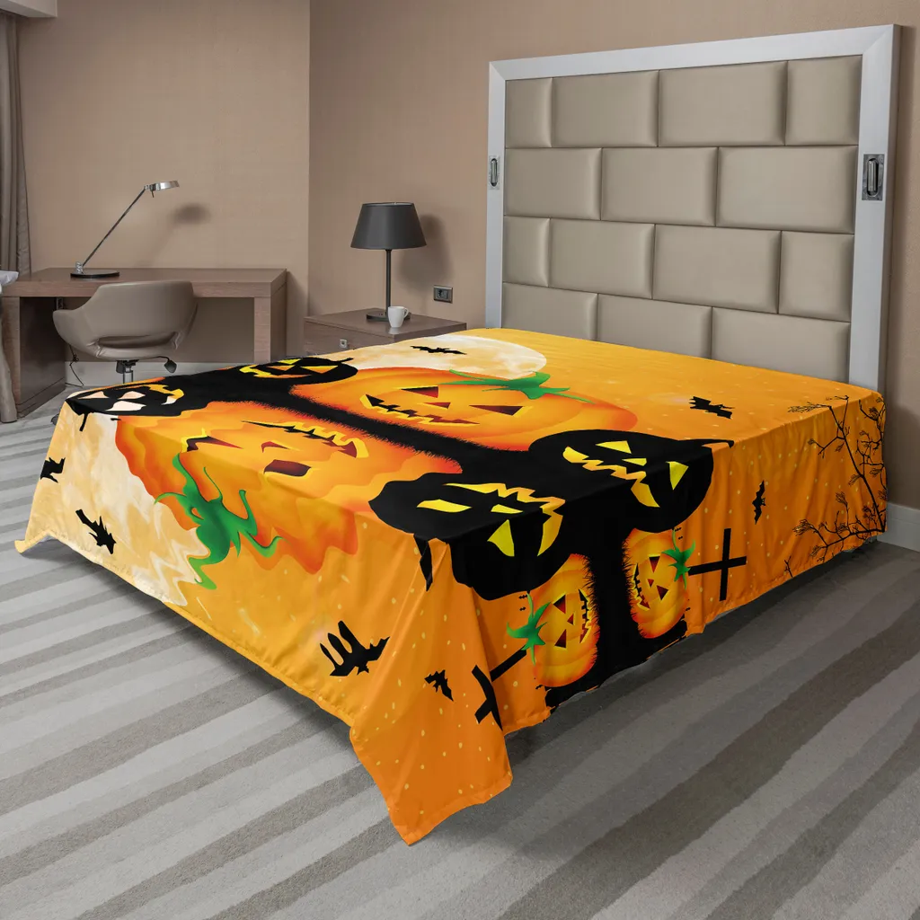 ABAKUHAUS Drap de lit Halloween Citrouilles et Cimetière 266x260cm Orange