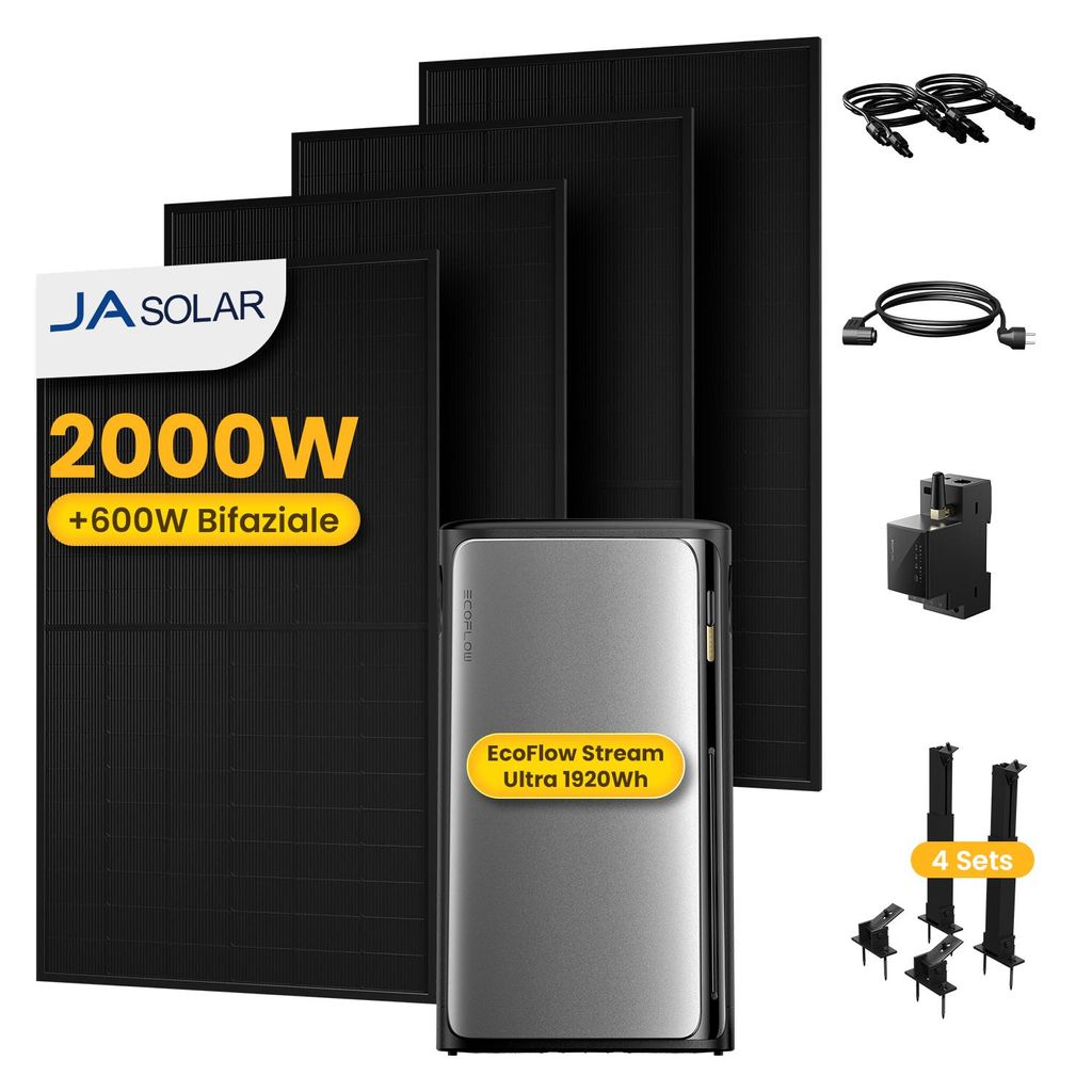 Powerness Balkonkraftwerk mit Speicher: EcoFlow STREAM Ultra Speicher 1,92KWh 4 MPPT & 4x JA Solar 500W Module & Smart Meter & 4x Flachdach-Halterung