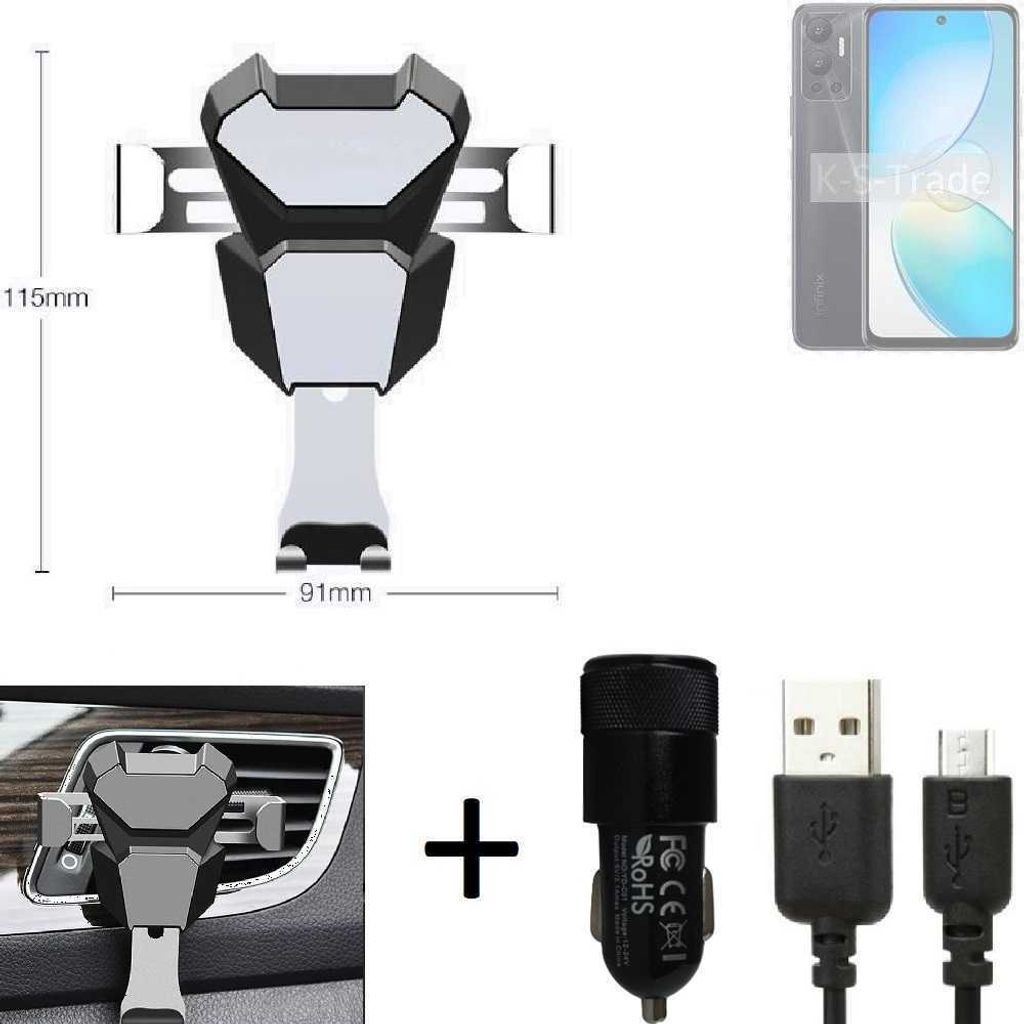 K-S-Trade KFZ Halterung kompatibel mit Infinix Hot 12i Halterung Lüftungshalterung Lüftungsschlitz schwarz-silber Autohalterung Handy inkl. KFZ