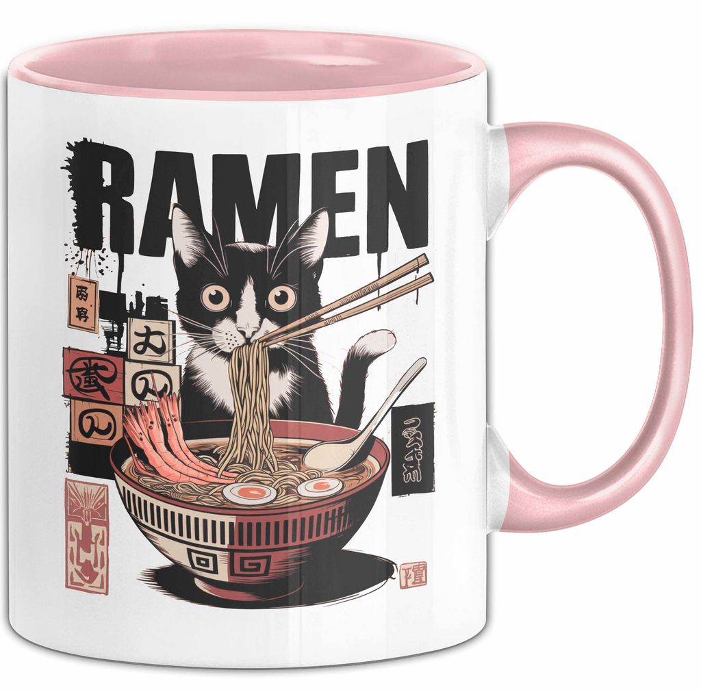 Katzen Tierliebhaber Tasse Geschenk Lustige Geschenkidee Spruch Katze Isst Ramen Nudeln (Rosa)