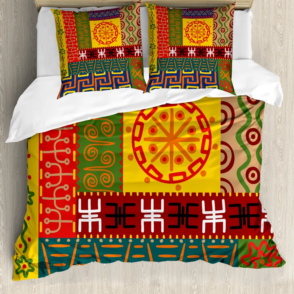 ABAKUHAUS Copripiumino Primitive, Primitive Tribal, antiacaro, adatto a chi soffre di allergie, con federe, 200 cm x 200 cm - 80 x 80 cm, giallo-verde