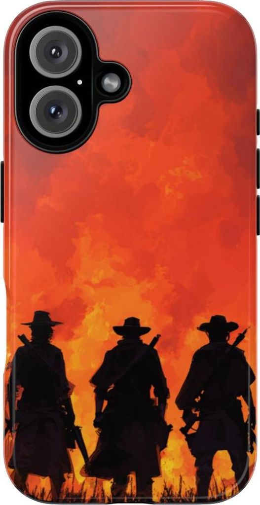 Drei Cowboys als Silhouetten vor glühendem Sonnenuntergang – Hülle Kompatibel mit iPhone 16