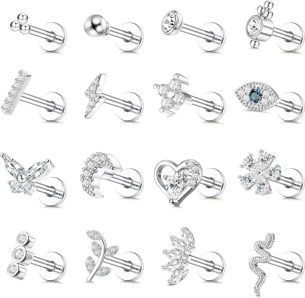 16 Pezzi Piercing Helix Tragus Acciaio Chirurgico 16G Argento CZ