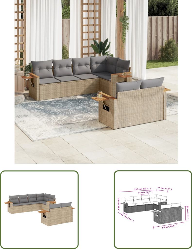 The Living Store 7-tlg. Garten-Sofagarnitur mit Kissen Beige Poly Rattan