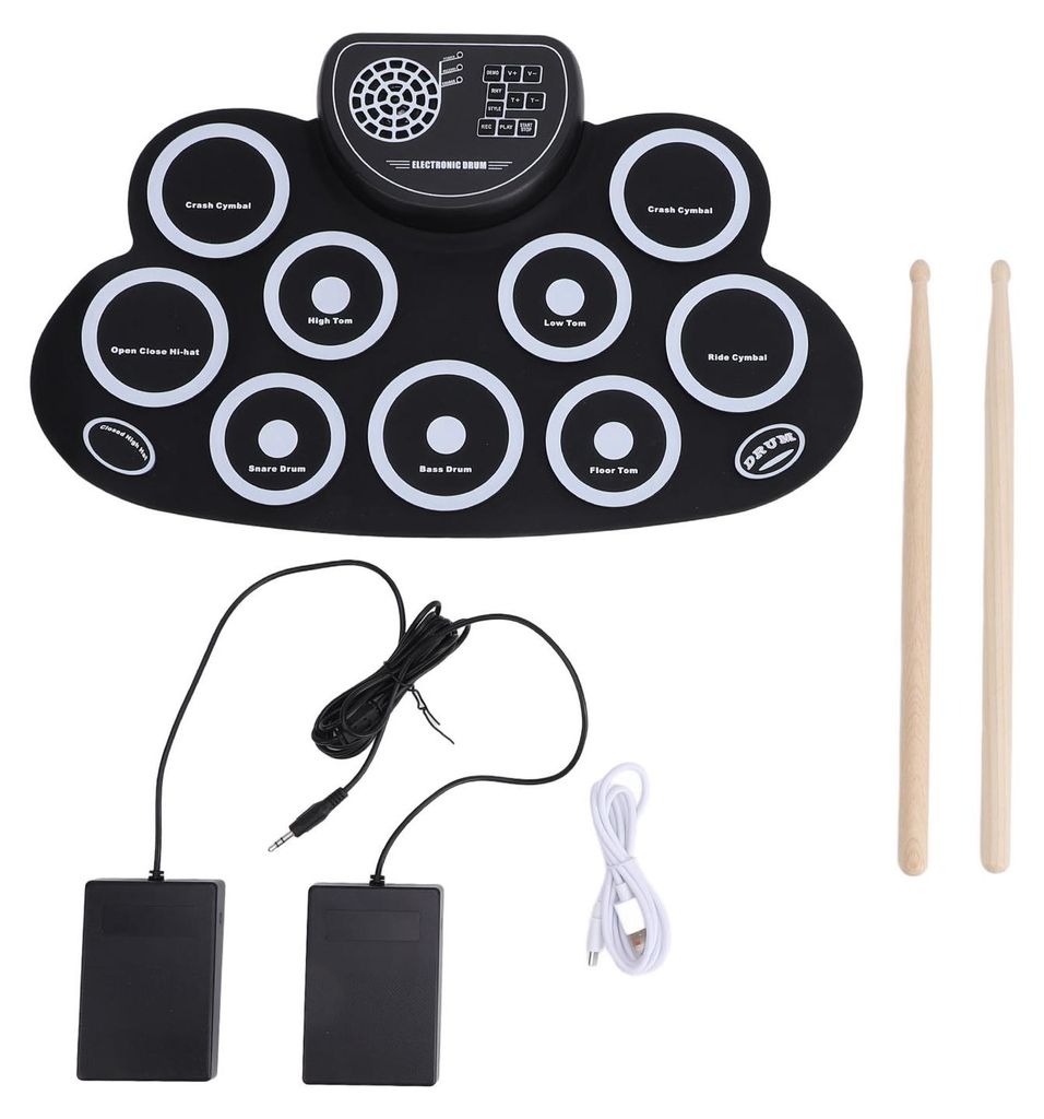 Elektronisches Schlagzeug-Set mit 9 Pads, wiederaufladbar, eingebauter Lautsprecher, tragbar, faltbar, zum Üben mit Kopfhöreranschluss für Kinder