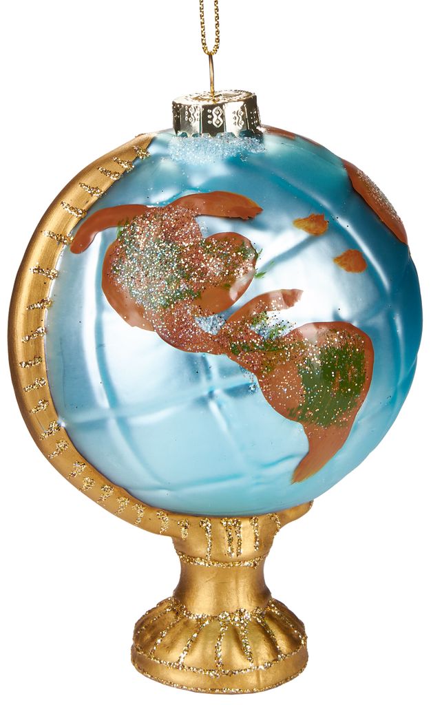 A glass globe ornament on a gold stand, isolated on a white background.