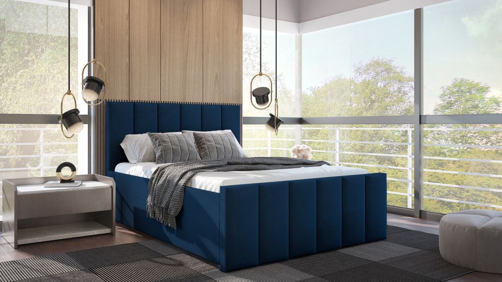 SALES LEADER Boxspringbett WARSAW 200x200 cm Polsterbett mit zwei Bettkästen, Komplett-Set mit Matratze und Topper (4cm), Dunkelblau, Bett Stoff E...