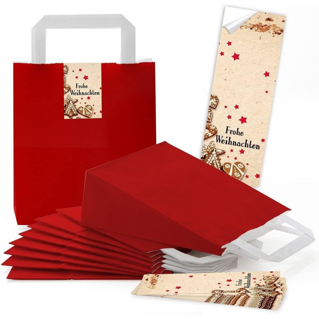 10 rote kleine Papiertüten Papiertaschen Boden u. Henkel 18 x 8 x 22 cm + 10 Banderolen Aufkleber 5 x 15 cm Weihnachtstüten Nikolaus-Säckchen We...