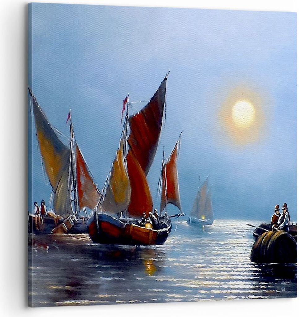 Bild auf Leinwand - Leinwandbild - Boote Sonne Fischer Angeln - 60x60cm - Wand Bild - Wanddeko - Leinwanddruck - Bilder - Kunstdruck - Wanddekorati...