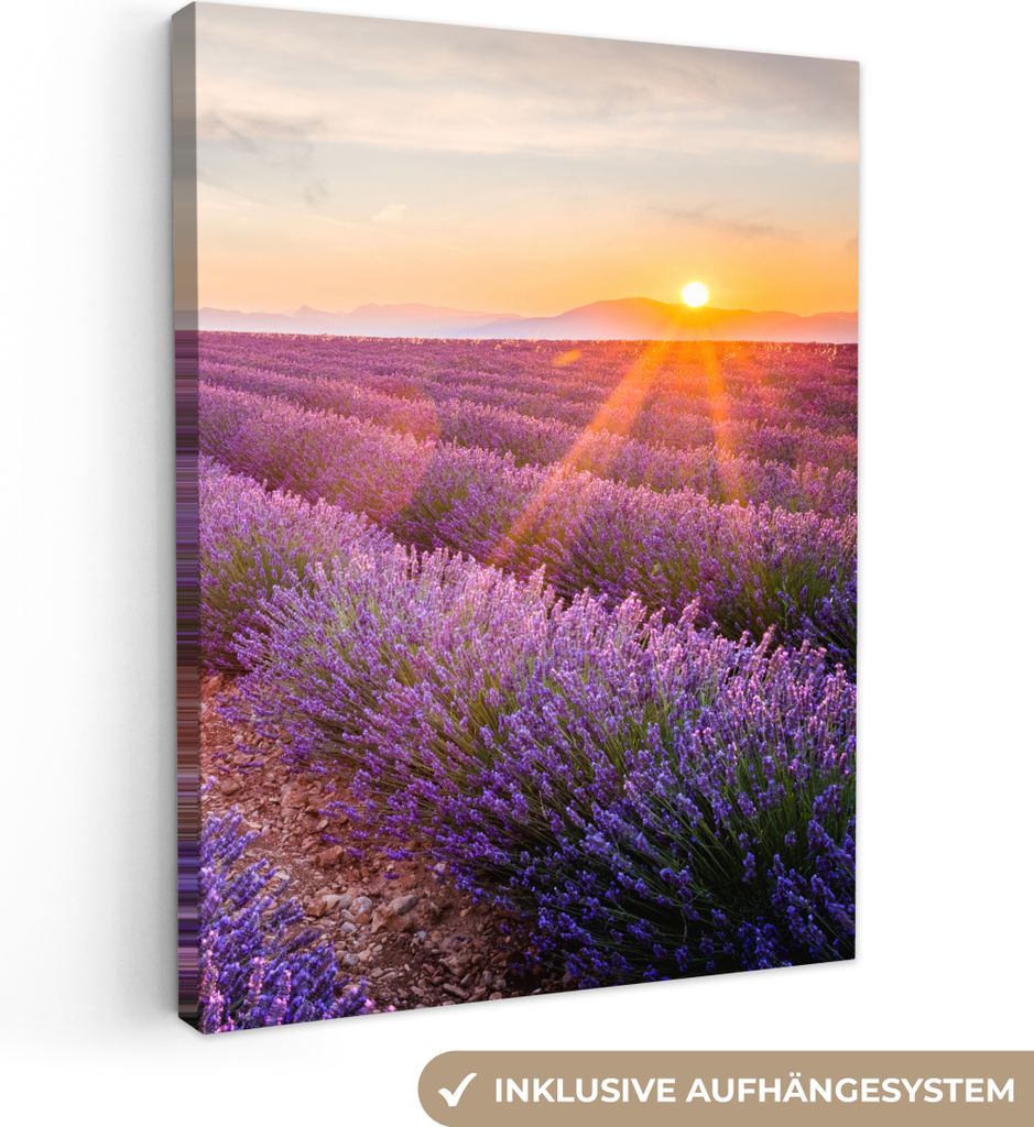 MuchoWow - Leinwandbilder - Lavendel - Sonnenuntergang - Blumen - Lila, Wandbild, Wanddeko Bilder Wohnzimmer, 30x40 cm