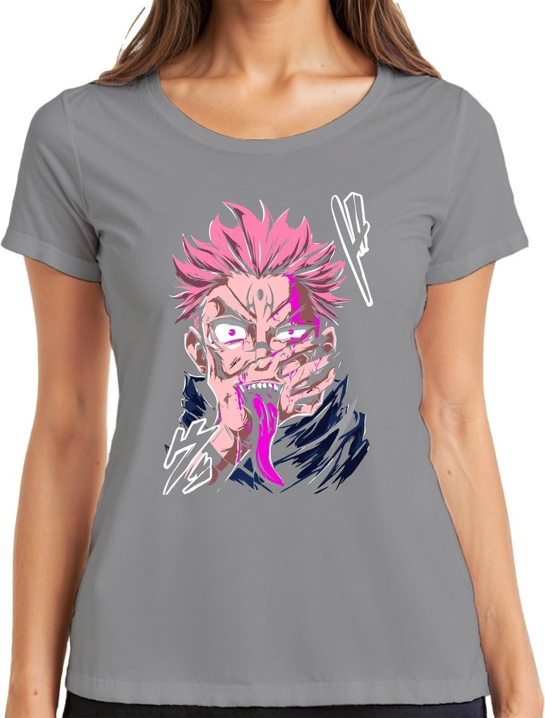 Anime Dämon rosa Haare Anime Ästhetik Zunge Fänge Horror Halloween Damen T-Shirt, Grau, L