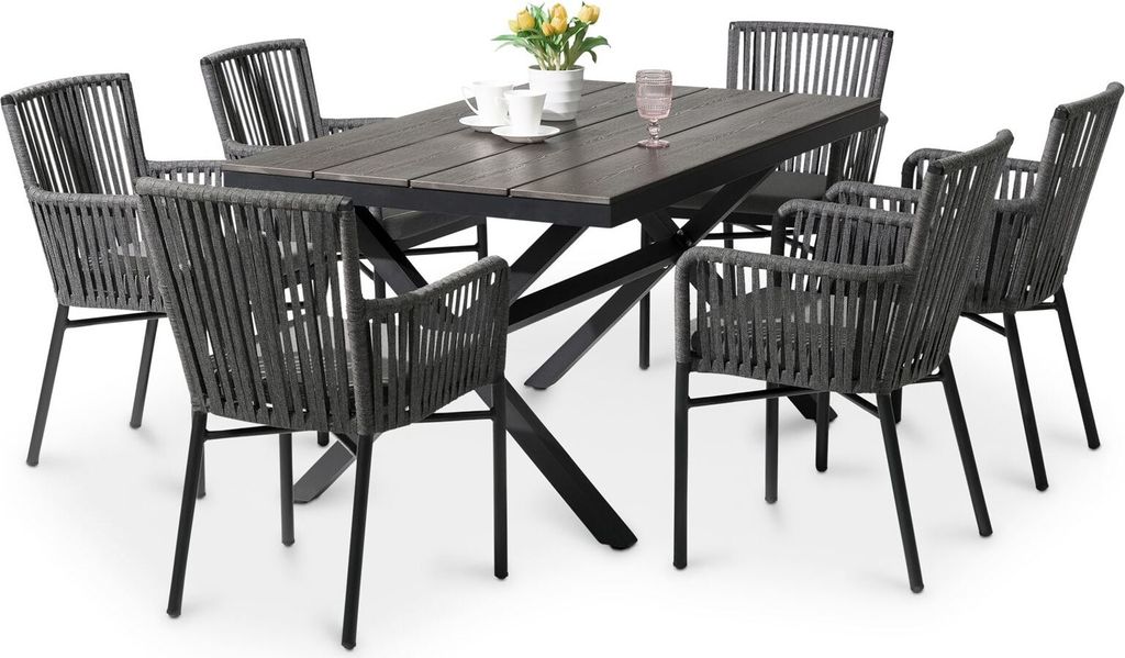 Gartenmöbel Set AFUERA aus Alu und Rope, moderne Outdoor Sitzgruppe in Holzoptik und Rope in schwarz und anthrazit, inkl. Sitzkissen, Terassenmöbel