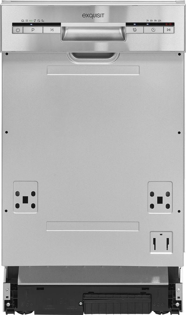 Front view of a silver dishwasher with a control panel at the top.