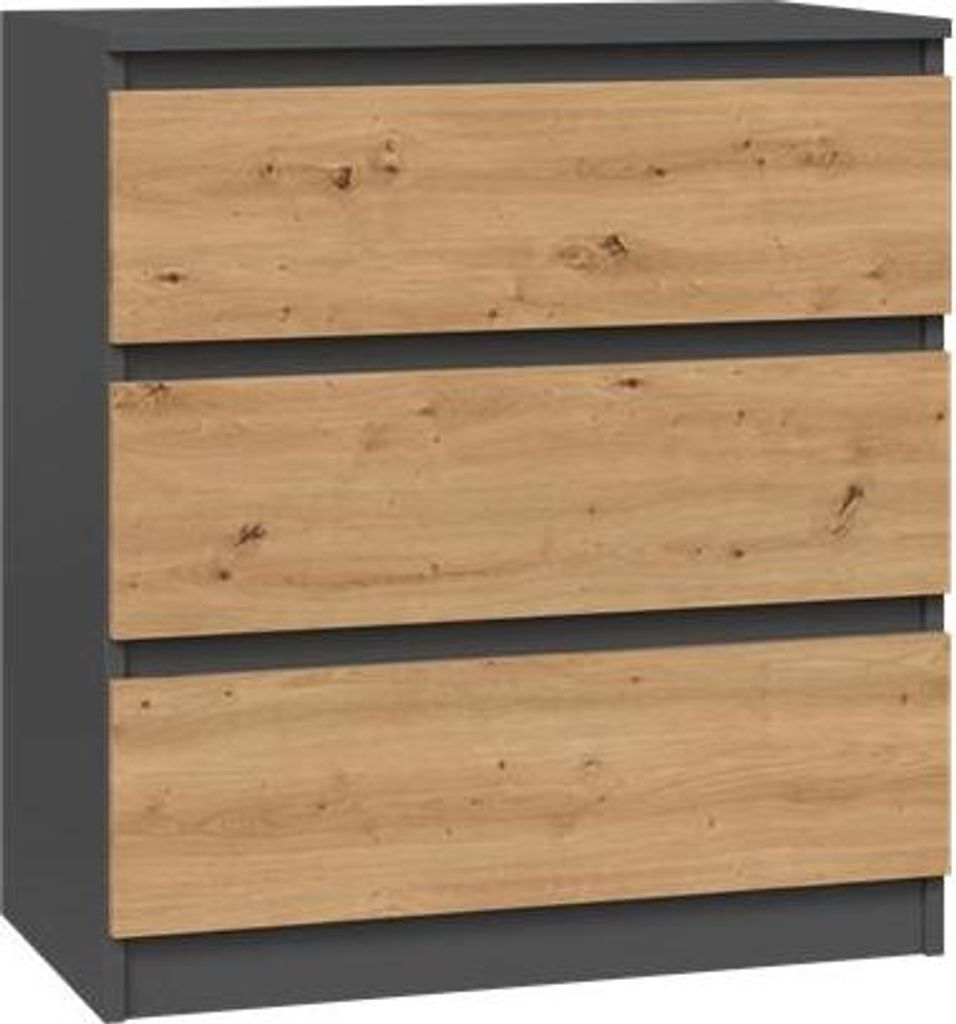 Große Kommode MALWA mit 3 Schubladen, grifflos, modernes Design | Farbe: Anthrazit / Artisan Oak