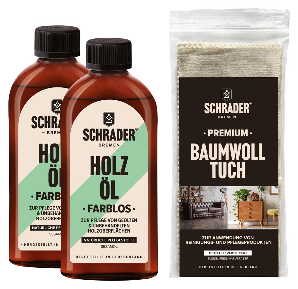 SCHRADER Holzöl Set - farbloses Pflegeöl für Holzmöbel und Produktbild 