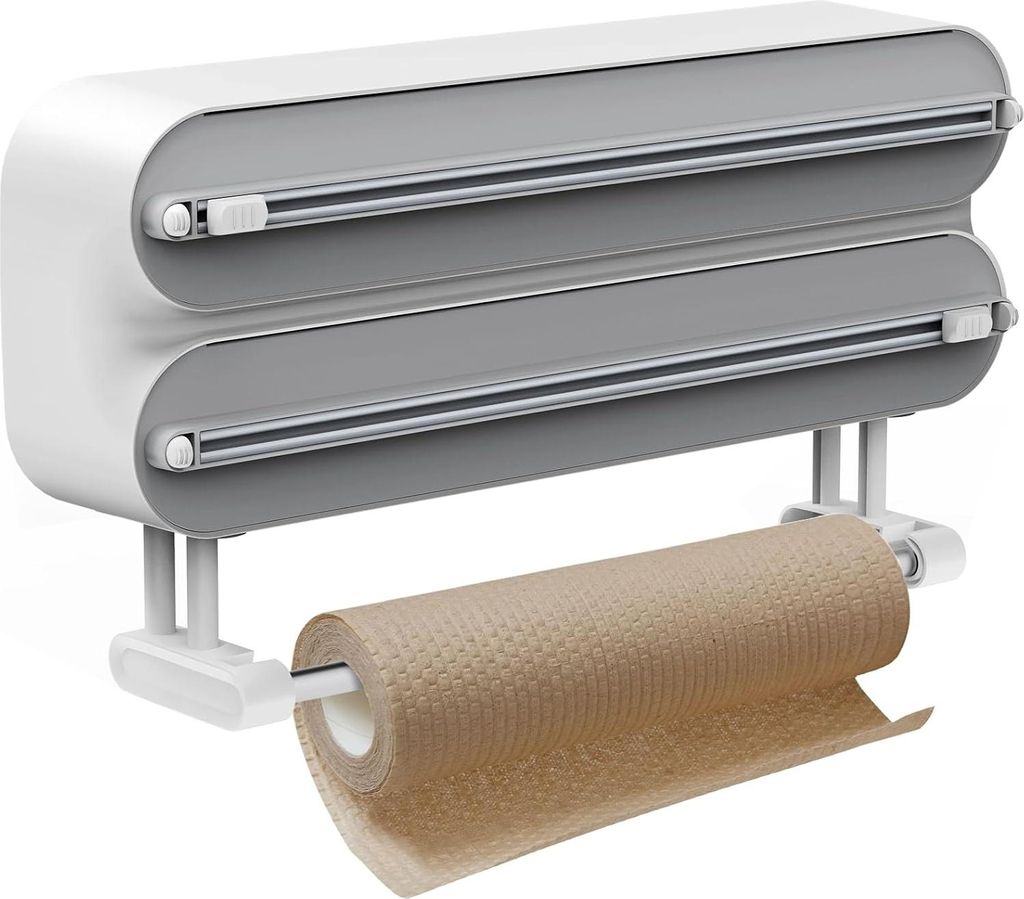 Universeller 3-in-1 Folienspender mit Schneider und Küchenrollenhalter für Frischhaltefolie