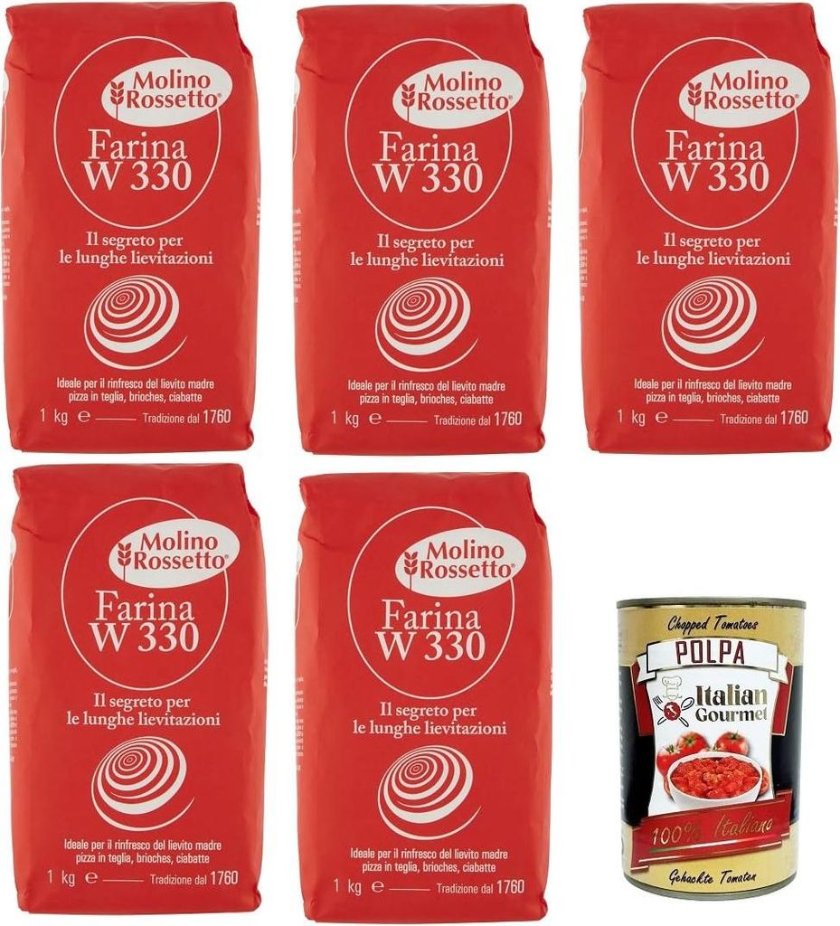 Molino Rossetto Farina di Grano Tenero 00 W330 Weichweizenmehl 5x1kg + Italian Gourmet polpa 400g