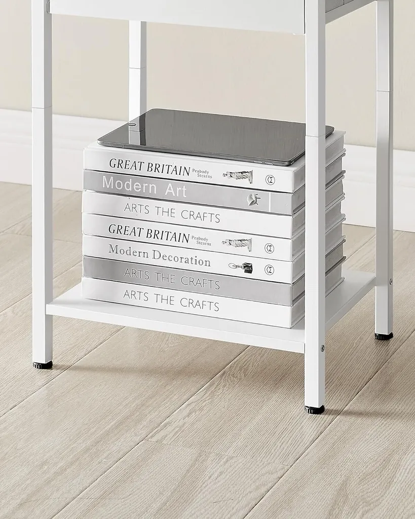 Petite table d'appoint design blanc avec tiroir de rangement et étagère - 6