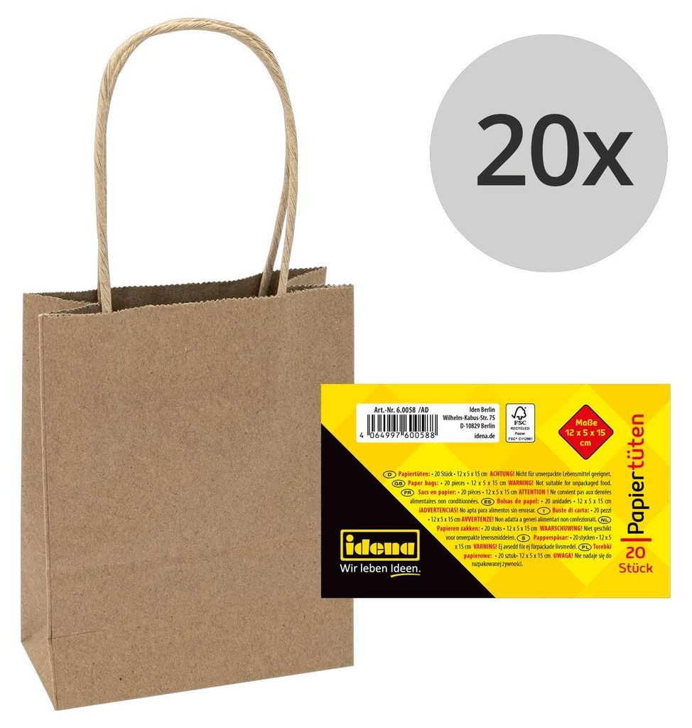 Idena Papiertüten 12x5x15cm 20erRec, aus Kraftpapier, 90g/m²