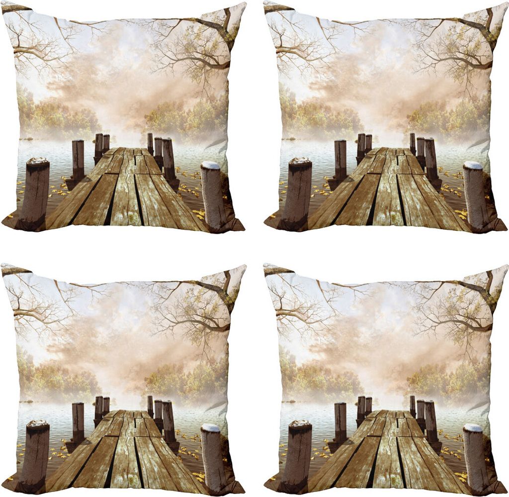 ABAKUHAUS Herbst Kissenbezug Set (4 Stück), Fall See in Wald, Moderner Doppelseitiger Digitaldruck, 45 cm x 45 cm, Pale Braun Grün Tan