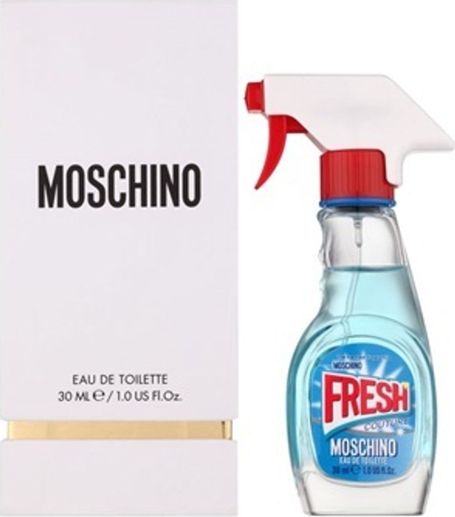 A box of Moschino perfume and a bottle of Moschino Fresh Couture perfume.