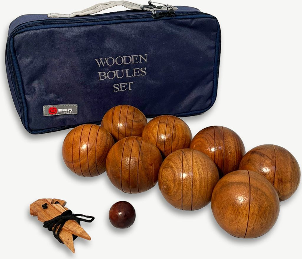 Bouleset aus Holz - Jeu de boules - Hyper Luxe - in stabiler Tasche - ECO Holz aus Indien - Schön lackiert - 8 Stück mit Entfernungsmesser