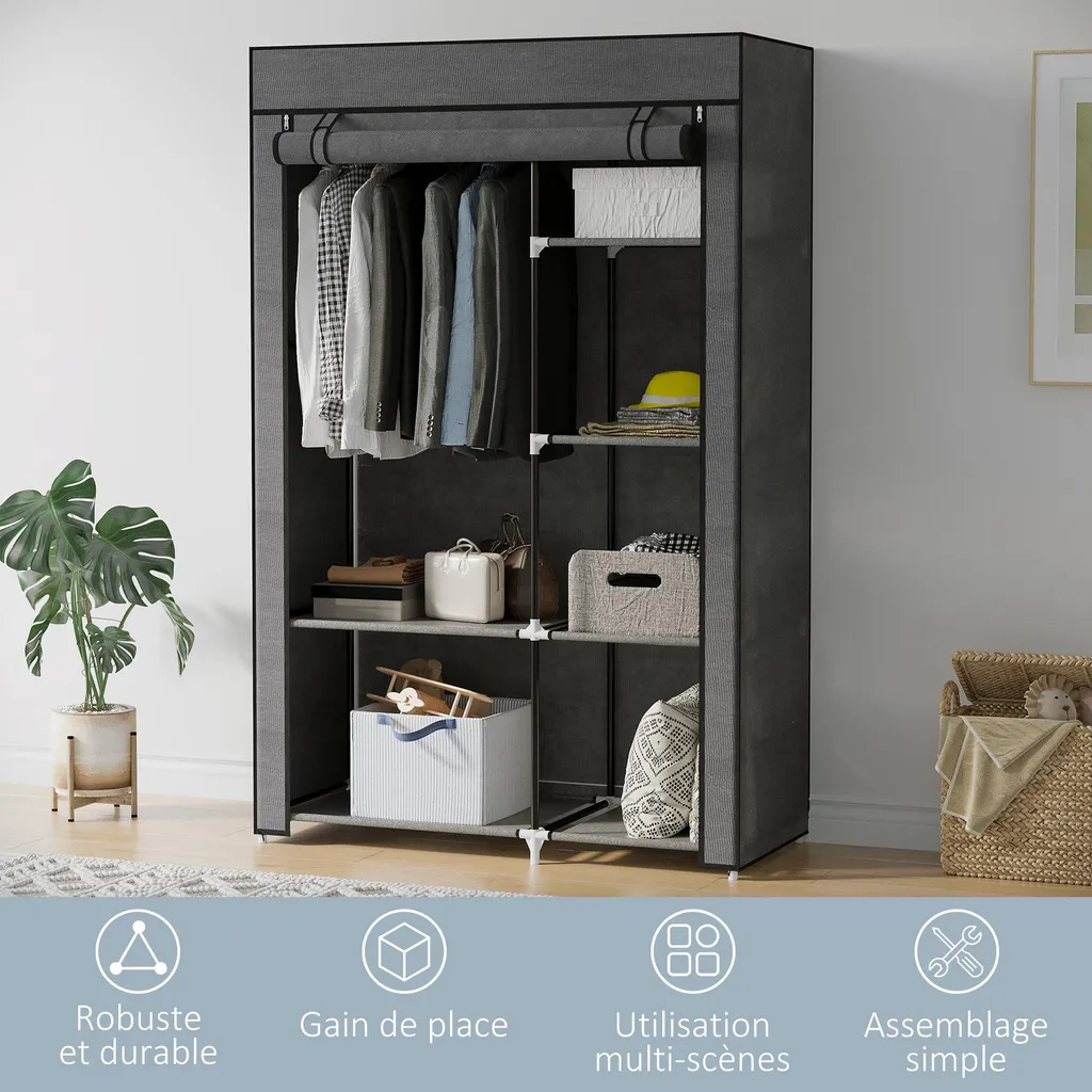 Armoire de rangement en tissu avec fermeture éclair,1 tringle à
