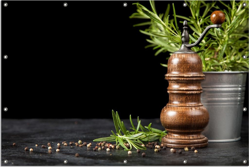 Wallario Outdoor-Poster für Garten oder Balkon, Motiv Pfeffermühle mit Rosmarin, in ca. 120 x 180 cm