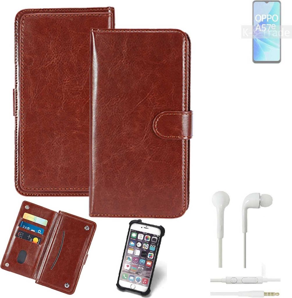 K-S-Trade 360° Hülle kompatibel mit Oppo A57e inkl. Headphones braun Kunstleder Case BookCase WalletCase Kunstlederederhülle Handyhülle,
