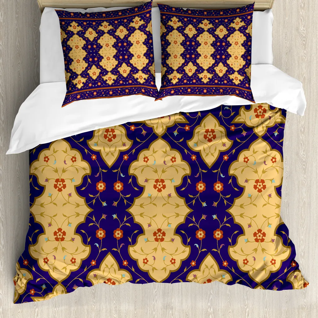 ABAKUHAUS Set copripiumino marocchino Per letti matrimoniali, bordi in stile arabo, antiacaro, adatto a chi soffre di allergie, con federe, marrone sabbia e viola