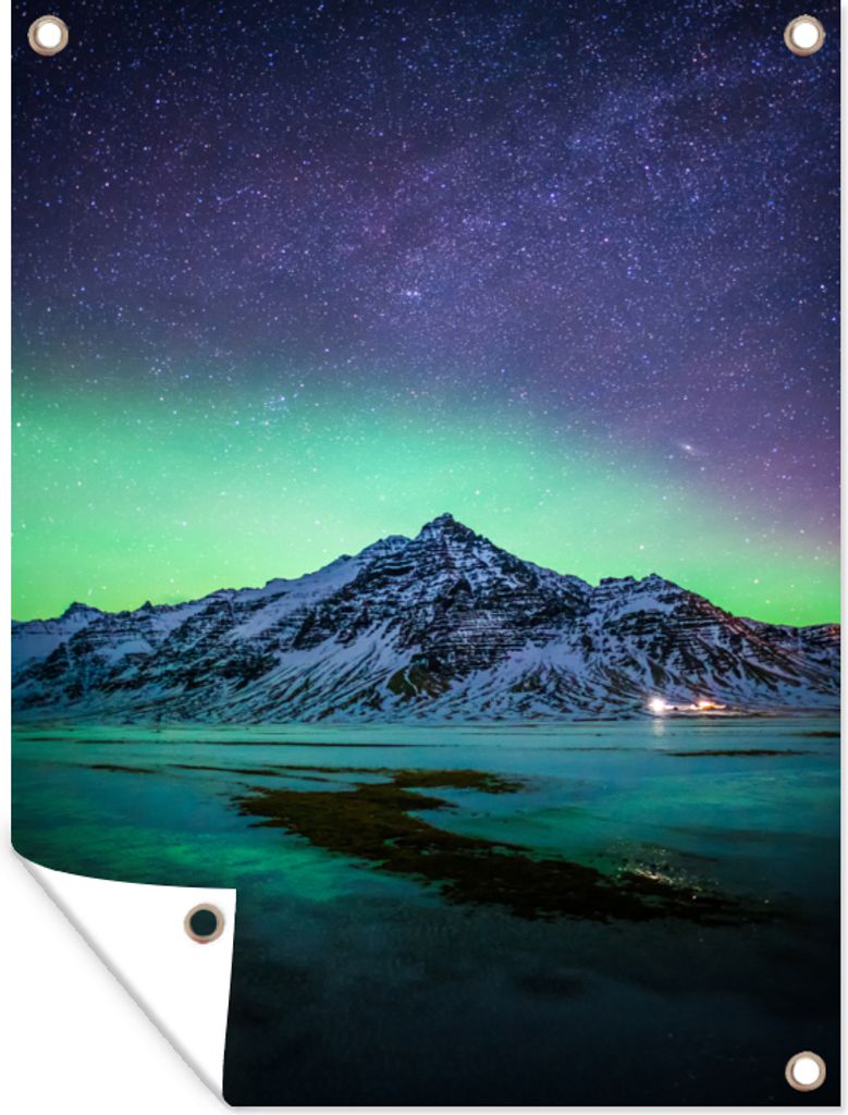 MuchoWow 60x80 cm Outdoor-Poster Gartendeko Sichtschutz Garten Poster für den Garten Berg - Nordlichter - Schweden - Schnee - Grün - Winter