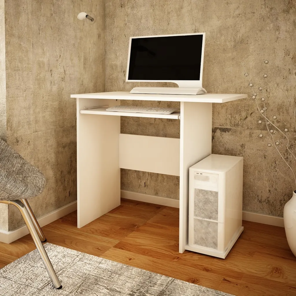 Table d'ordinateur blanche avec rangements et glissières métalliques