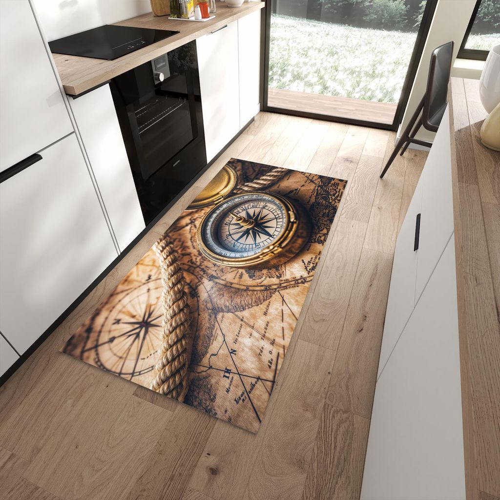 Küchenteppich 90x180cm rutschfest & abwischbar PVC Läufer - Kompass auf Karte