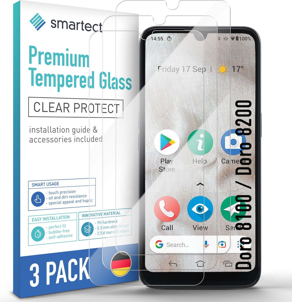 A product package for screen protectors for a Doro phone, with a phone screen visible behind the packaging.