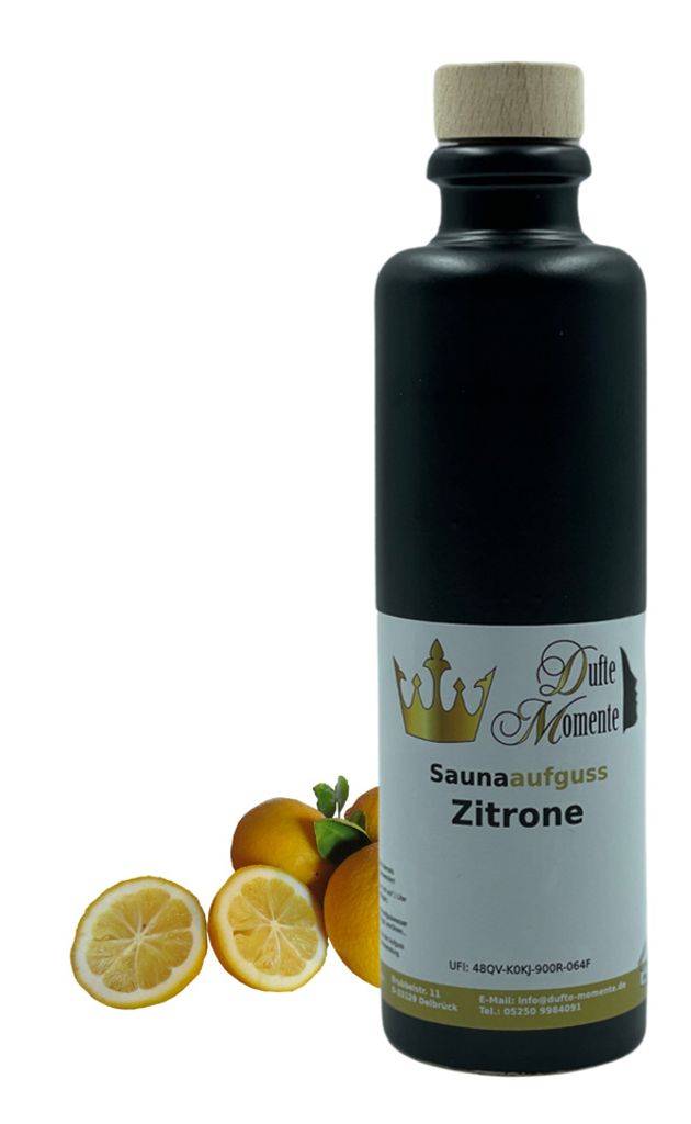 Dufte Momente | Saunaduft Konzentrat Zitrone 200ml in schwarzer Steingutflasche | naturreine ätherische Öle | vegan, ohne Tierversuche