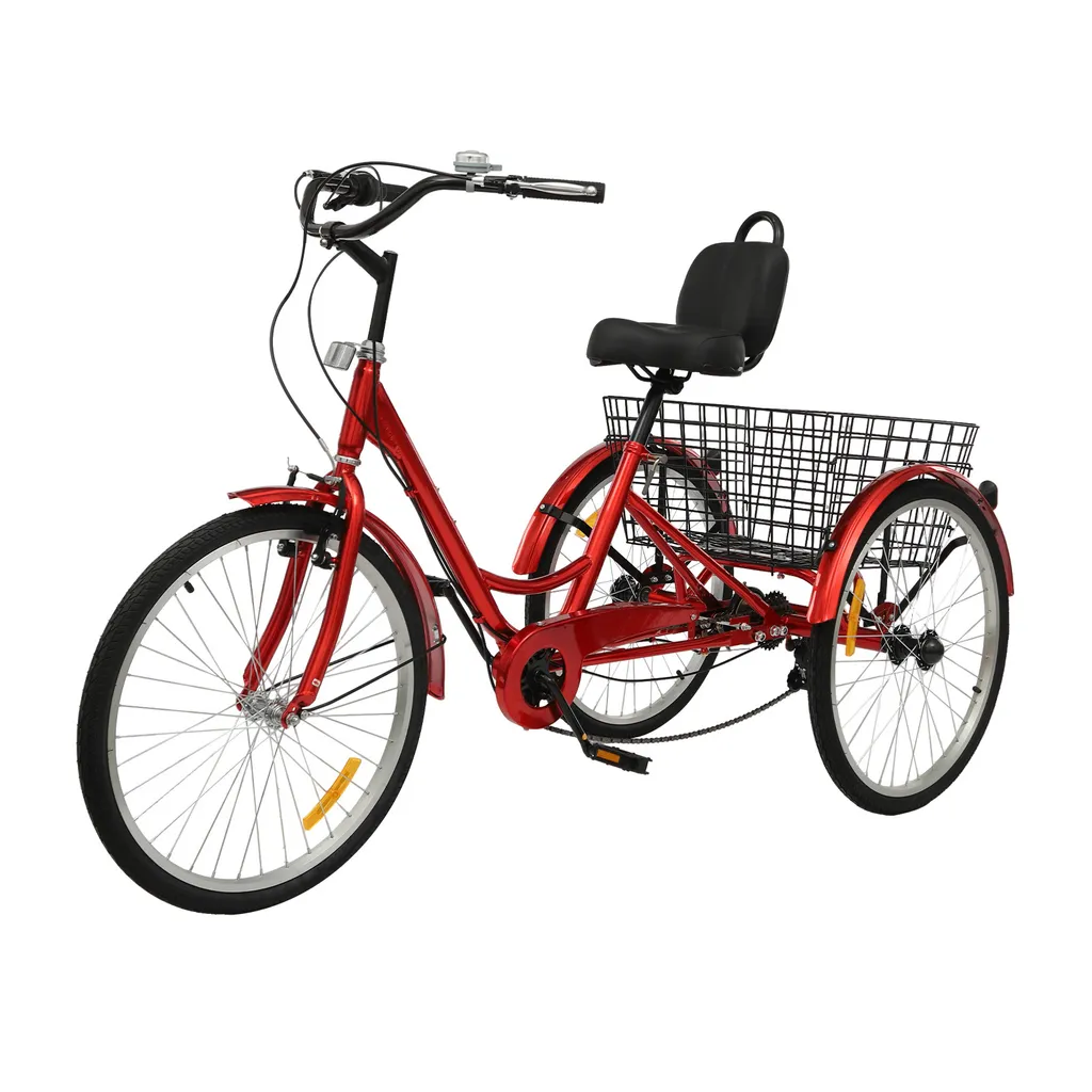 Tricycle pour adultes 24 pouces 7 vitesses avec panier arrière Rouge