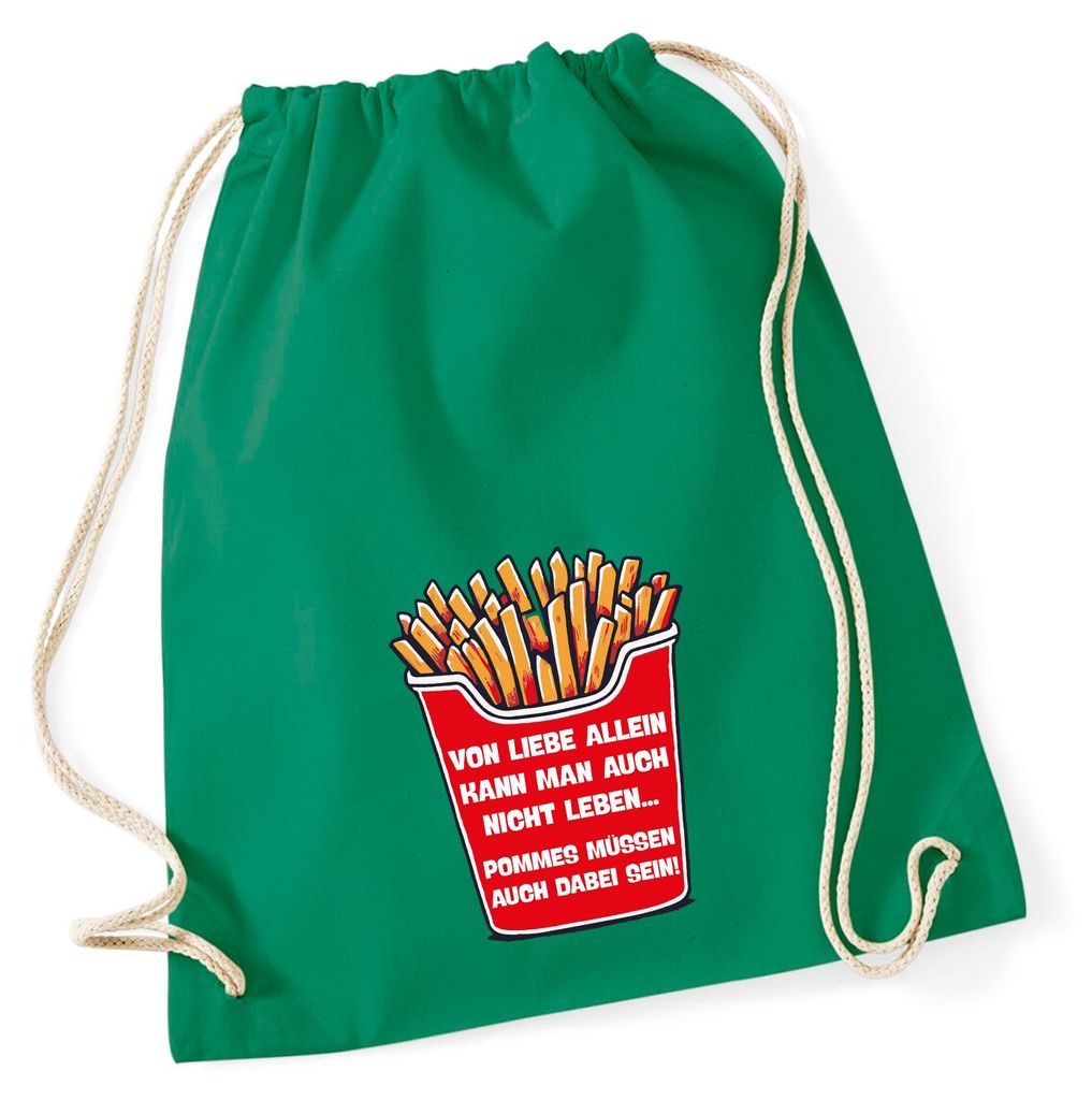 Huuraa Turnbeutel Liebe allein nicht Pommes dabei 12 Liter Kelly Green Baumwolle Rucksack Geschenkidee