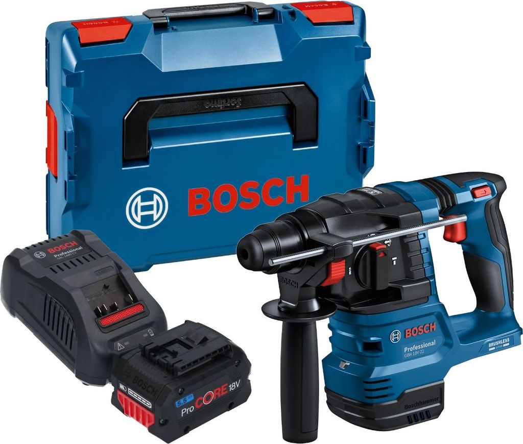 Bosch GBH 18V-22 Professional Akku Bohrhammer 18 V 1,9 J SDS Plus Brushless + 1x ProCORE Akku 5,5 Ah + Ladegerät + L-Boxx