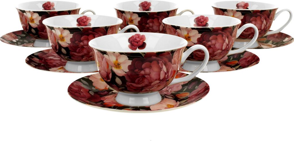 DUO FLORAL 6er-Set Tassen 220 ml SPRING ROSES BLACK mit Untertassen, New Bone China Porzellan
