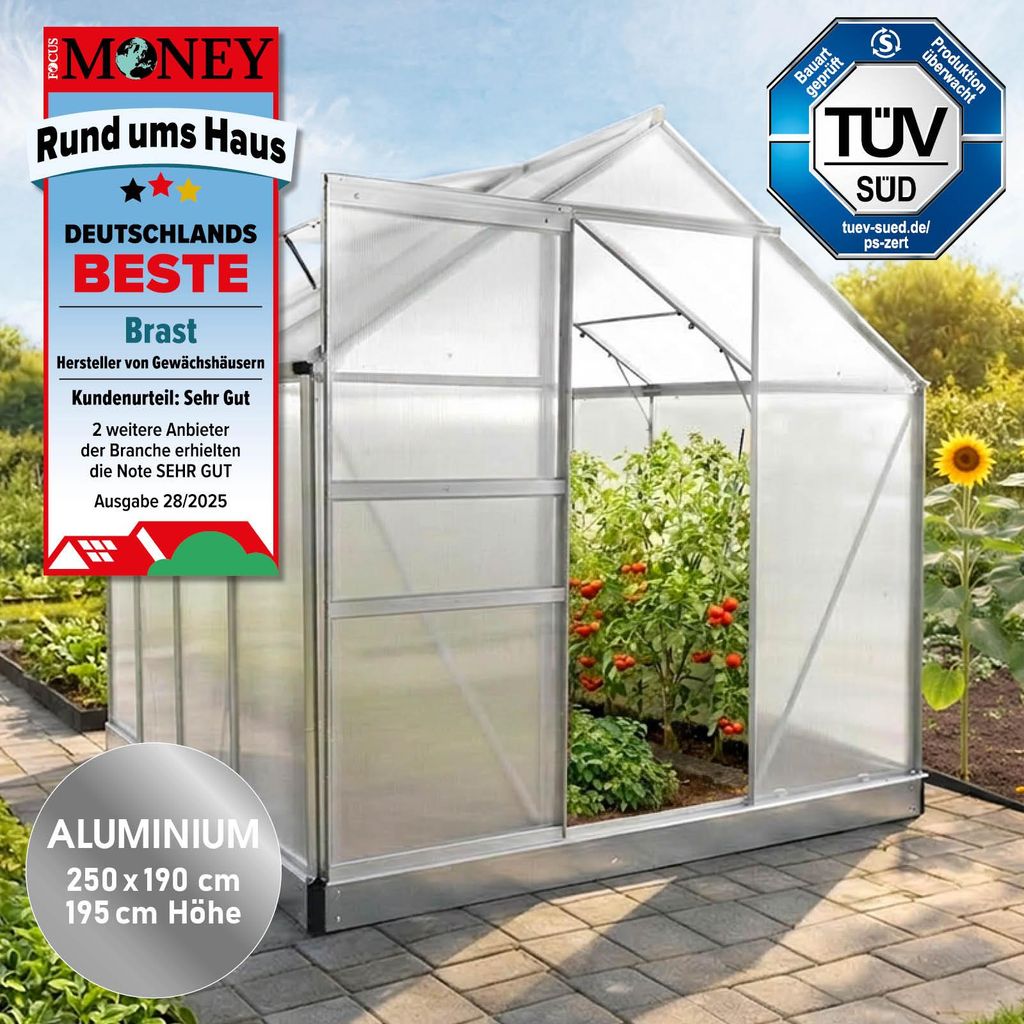 BRAST Gewächshaus Aluminium mit Fundament | 250x190x195cm Produktbild 
