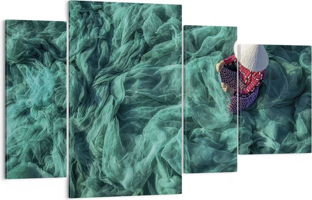 Bild auf Leinwand - Leinwandbild - 4 Teile - Netzwerk Fischer Vietnam - 120x70cm - Wand Bild - Wanddeko - Wandbilder - Leinwanddruck - Bilder - Wan...