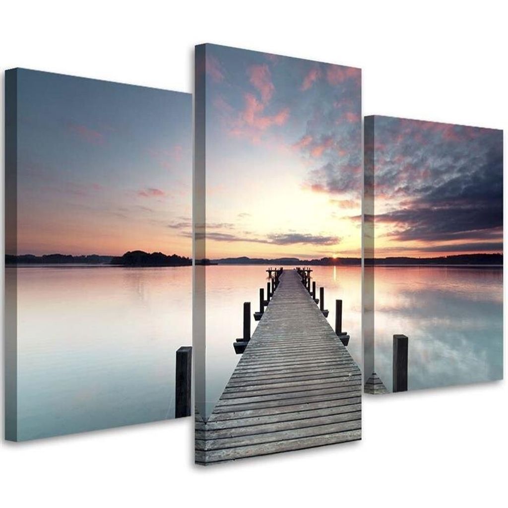 Triptychon auf leinwand seeufer-pier 150x100 cm Feeby blau wandbild bereit zum aufhängen