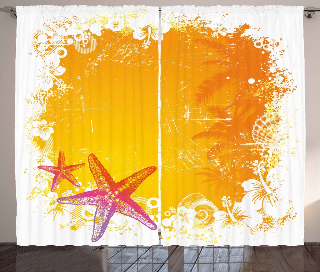 ABAKUHAUS Seestern Rustikaler Vorhang, Exotische Blumen, Wohnzimmer Universalband Gardinen mit Schlaufen und Haken, 280 x 225 cm, Orange Gelb Rosa