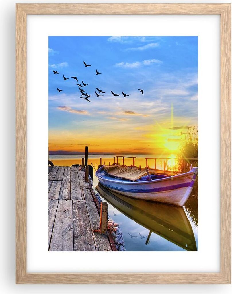 Gerahmtes Poster - Rahmen in heller Eiche - See Boot Wasser - 30x40 cm - Wand Bild - Wanddeko - Wandbilder - Kunstposter - Wandposter - Bilderrahme...